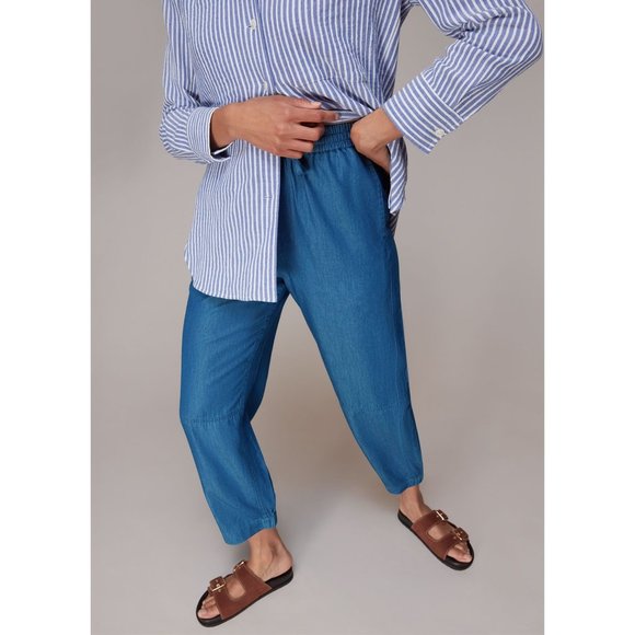 Whistles NWT Lucy Chambray Barrel Pull-on Trouser in Blue size 6